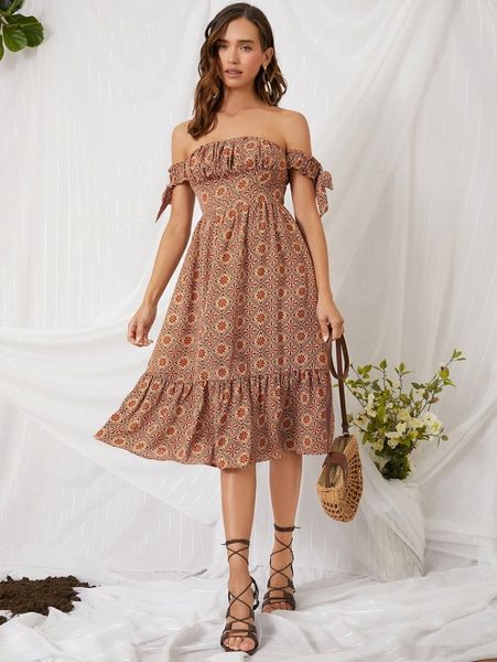 

allover print off shoulder knot side ruffle hem dress v5he#, Black;gray
