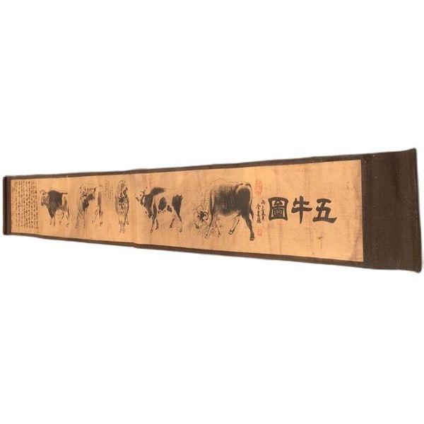 

china ancient picture paper long scroll painting five cattle charts, Silver