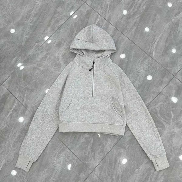 

women sport jacket half zipper yoga coat clothes lu-03 quick dry fitness outfits running hoodies thumb hole sportwear gym workout hooded 413, Gray