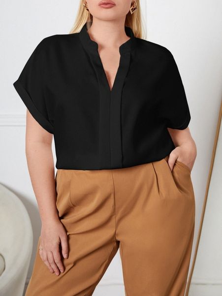 

plus solid notched neck blouse g6iz#, Black