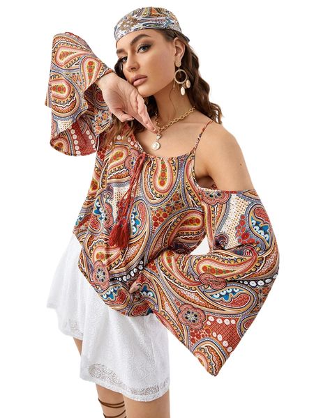 

cold shoulder floral print keyhole back blouse m9qe#, White