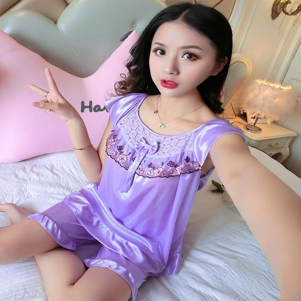 

pajamas set for sleepwears womens summer bow silk korean loose sweet solid color lace sleeveless home wear cloth women, Black;red