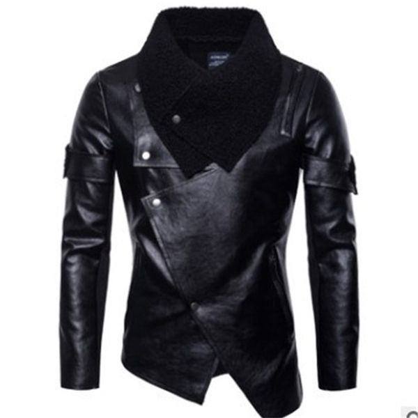 

pyjtrl men autumn motorcycle pu leather coat personalized irregular punk jacket 201224, Black
