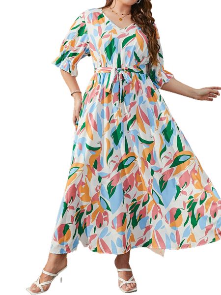 

plus allover print flounce sleeve belted dress z999#, Black