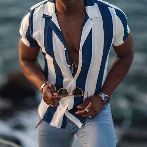 

streetwear casual striped printed short sleeve shirts for men summer fashion buttoned men's turn-down collar shirt 220322, White;black
