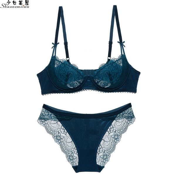 

lace underwear in europe and the united states ultrathin cup transparent bra without sponge bra set for women shows small y200415, Red;black
