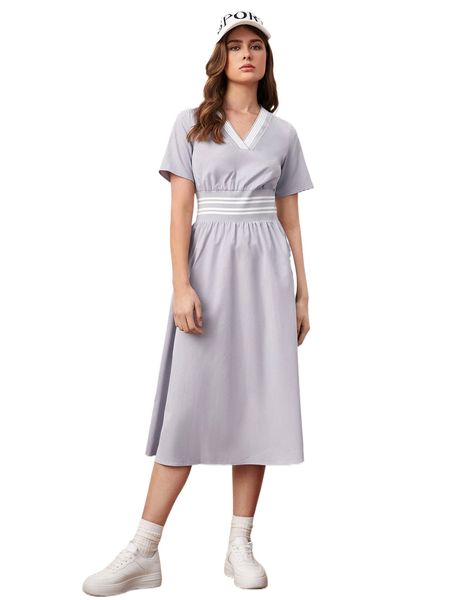 

contrast striped tape a-line dress 20sc#, Black;gray