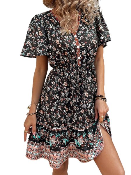 

f.loral p.rint b.utton front d.ress y9ia#, Black;gray