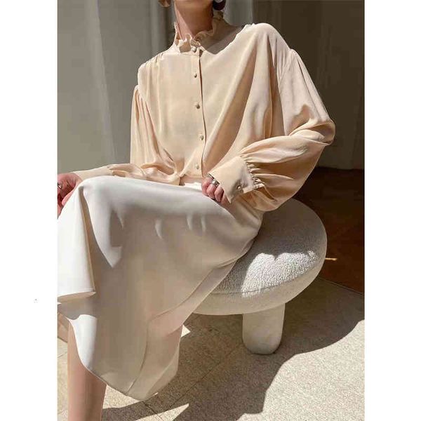 

women's polos temperament short silk shirt female fungus edge mulberry apricot pink cardigan top, White