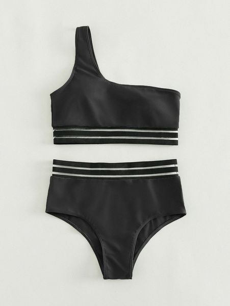 

solid contrast mesh one shoulder high waist bikini swimsuit l93j#, White;black