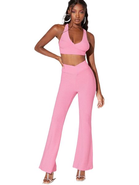 

bae solid halter & flare leg pants set 44ob#, White