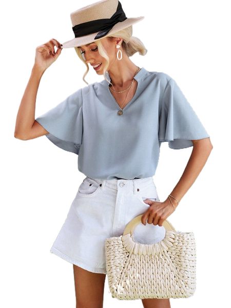 

notched neck butterfly sleeve blouse o8lf#, White