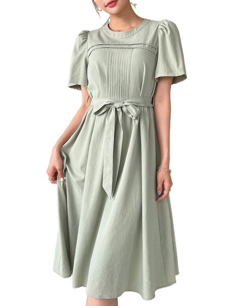 

dazy puff sleeve belted dress t3l2#, Black;gray