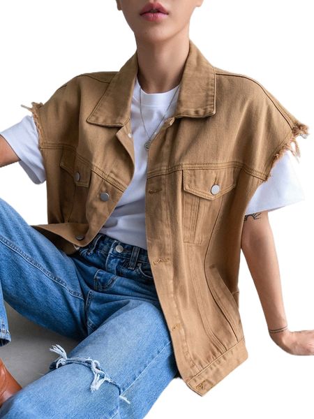 

dazy raw trim denim vest jacket u0hc#, Black;brown