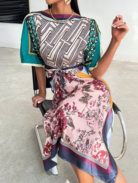 

geo & floral print keyhole back split hem knot front dress 602g#, Black;gray