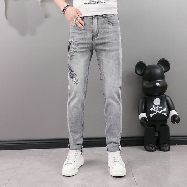 

rose embroidery jeans fashion blue black ripped male tide slim pants