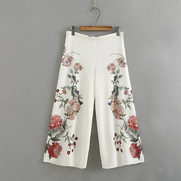 Nova moda feminina calça capris solta flor estampada cor branca cintura alta perna larga nona calça plus size SML