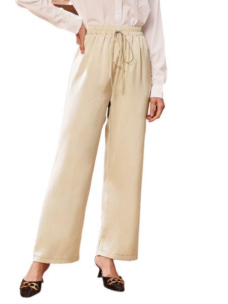 

elastic waist knot front satin wide leg pants w42s#, Black;white