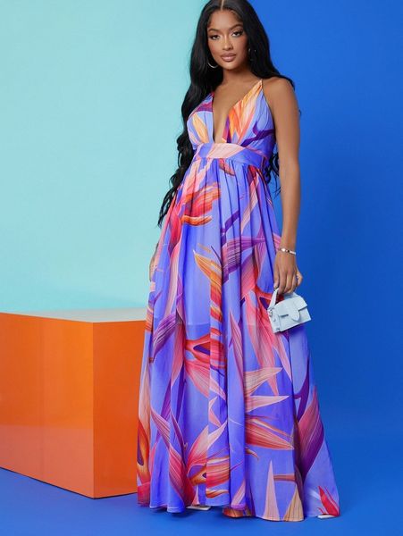 

sxy birds of paradise floral open-back maxi dress i0ac#, Black;gray