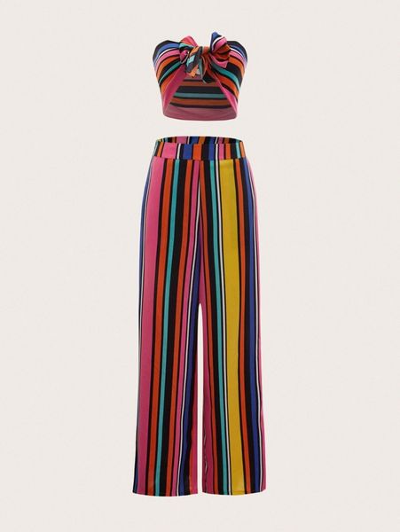 

colorful striped tie front tube & pants w83h#, White