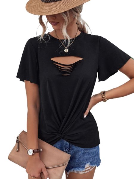 

cut out front flutter sleeve tee 56co#, White