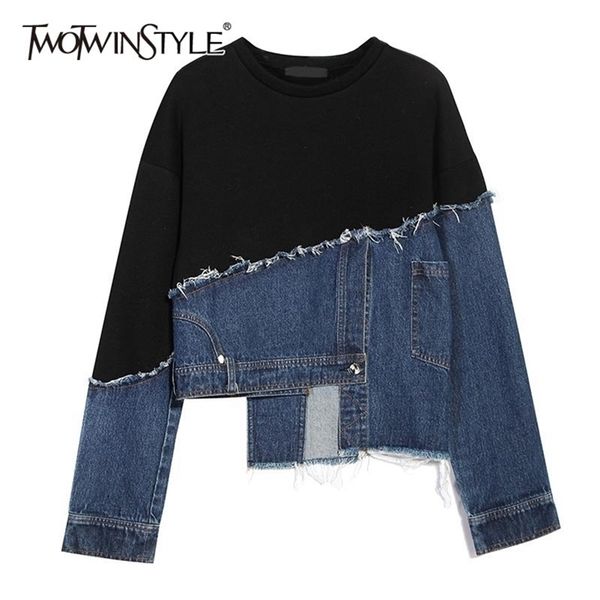 

twotwinstyle pacthwork denim asymmtrical sweatshirt for female o neck long sleeve loose hit color hoodies women fashion new y200915, Black