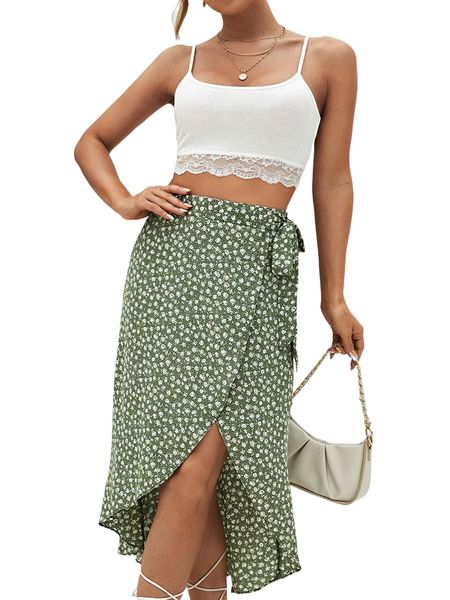

lace trim crop cami & ditsy floral wrap skirt set u8rh#, White