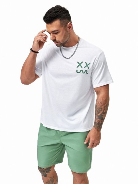 

extended sizes men expression print tee & drawstring waist shorts 89ea#, Gray