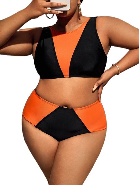 

plus colorblock high waisted bikini swimsuit y6dm#, White;black