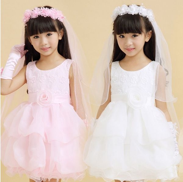 

girls' head pieces white and pink flower girl's bridal veil with wreath for girls for wedding accessories, White;red