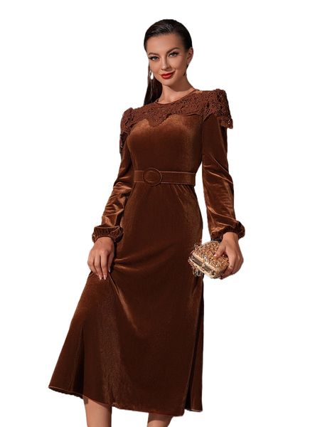 

contrast guipure lace lantern sleeve belted velvet dress a1lt#, Black;gray