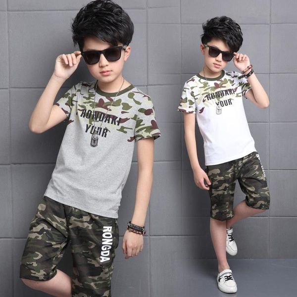 Roupas conjuntos de verão garotos garotos camuflagem camisetas shorts 2pcs crianças conjuntos de roupas adolescentes 4 6 8 10 12 14 anos de idade