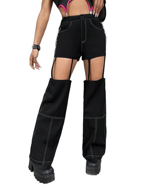 

high waist cut out chain detail pants r3ps#, Black;white