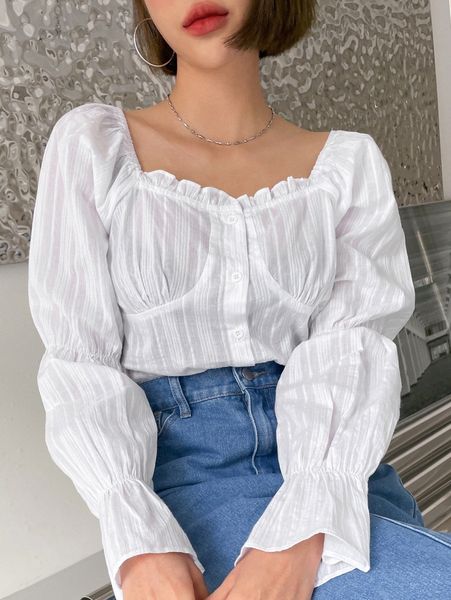 

dazy sweetheart neck gathered sleeve blouse k6zc#, White