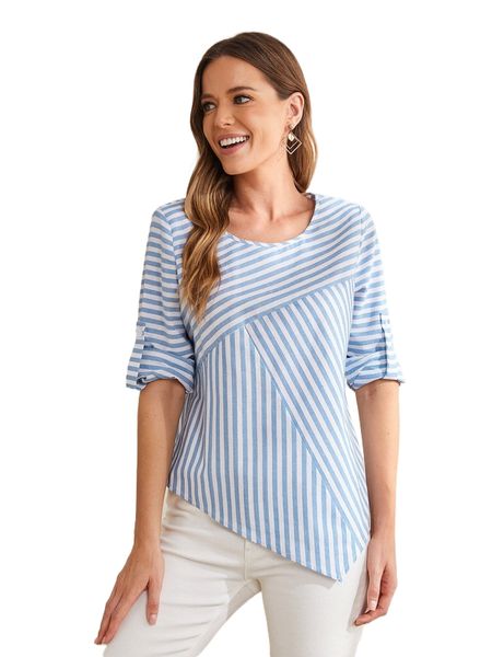 

emery rose roll up sleeve asymmetrical hem striped blouse m5xi#, White