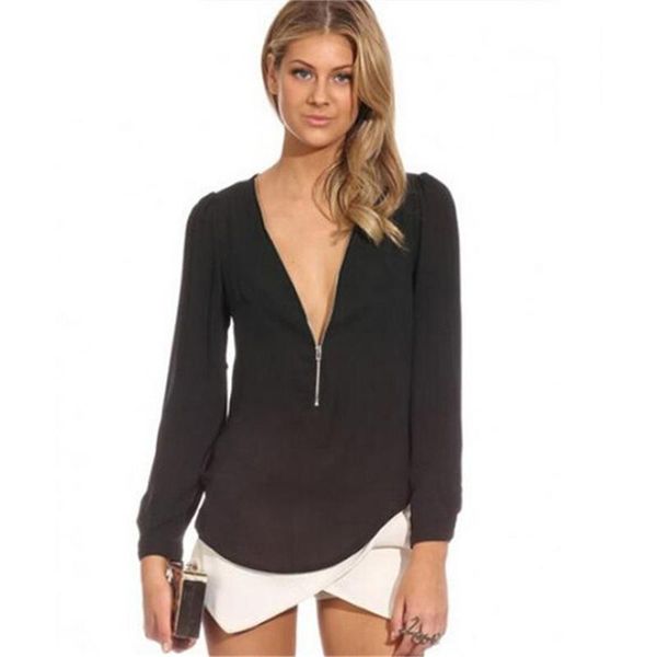

women's blouses & shirts fashion chic chiffon shirt deep v-neck zipper womens loose leisure solid long sleeved tee blouse full high st, White
