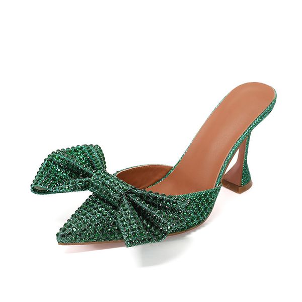 

2022 new leather sheepskin sandals 10cm goblet stiletto high heels pumps women slipper summer pillage pionted toe bowtie diamond size 35-43, Black