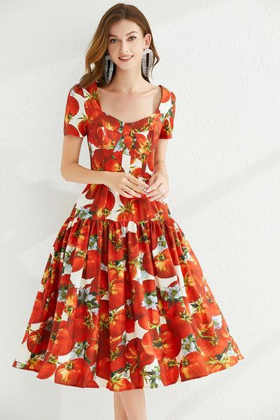 

2022 summer casual dresses bohemian tomato red flower midi dress women's square collar short sleeve slim backless runway dress vestidos, Black;gray