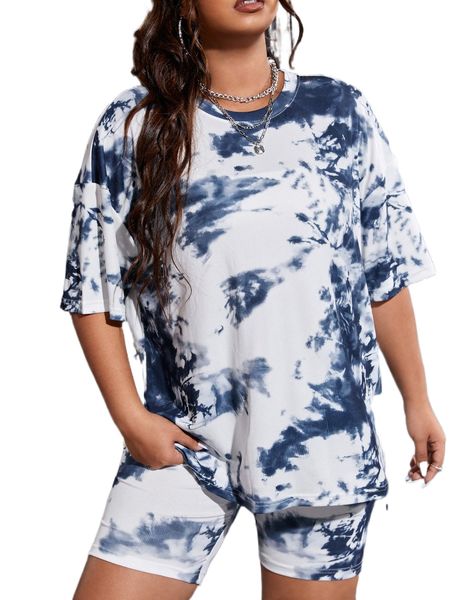 

plus tie dye drop shoulder tee & biker shorts h46a#, Black
