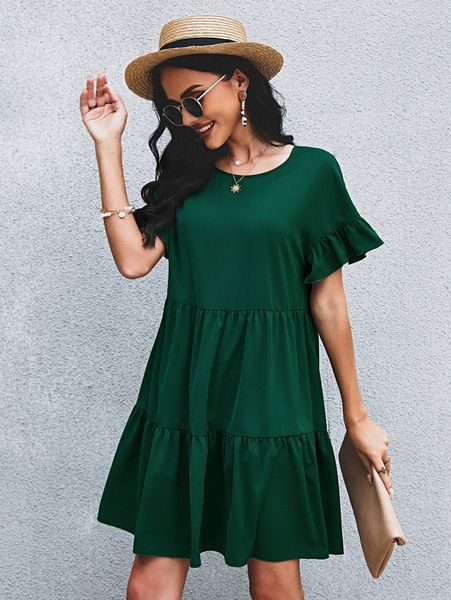 

solid flounce sleeve smock dress 66eb#, Black;gray