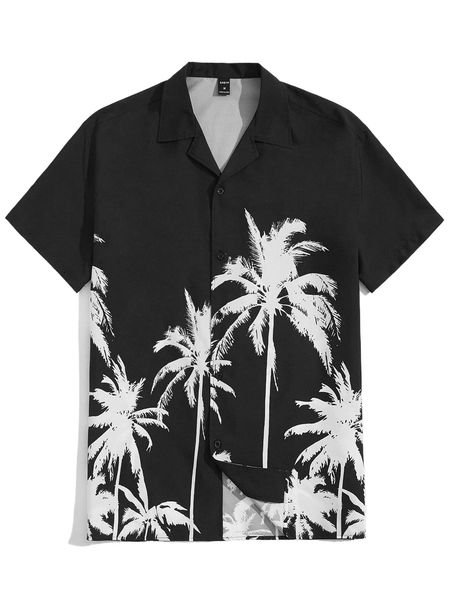 

men notched collar tropical print shirt t53b#, White;black