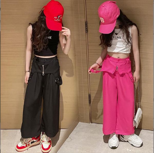 Giyim setleri Kore tarzı kızlar 3 adet set tişört yelek geniş pantolon yaz moda kıyafeti 4-9t d236clothing