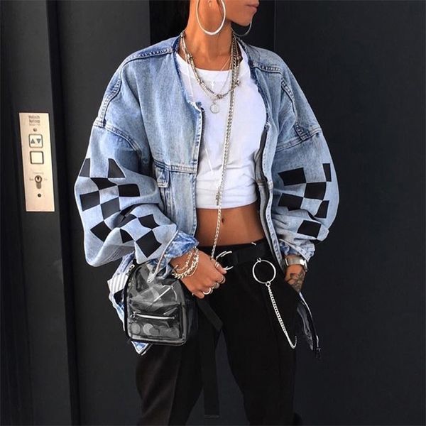 

women denim jacket spring loose plaid print zip denim jacket hip hop streetwear outwear jacket ladies plus size 4xl 220817, Black;brown