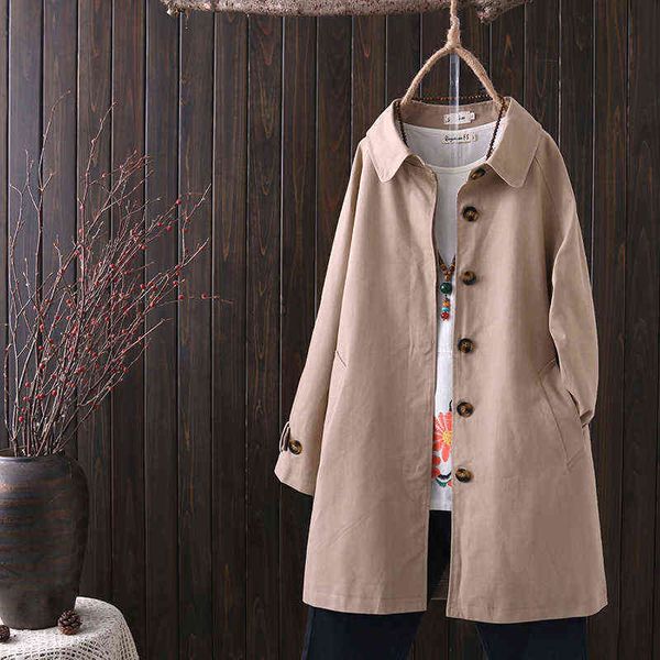 

2020 women coat spring autumn cotton long loose coat single-breasted outerwear plus size casual solid female trench244h t220809, Tan;black