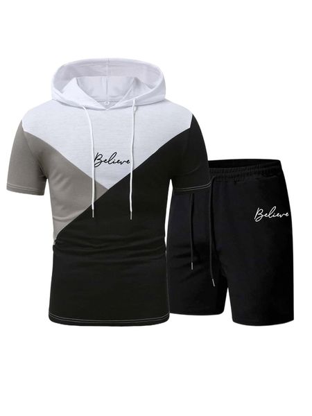 

men color block letter graphic drawstring hooded tee & shorts c4yu#, Gray