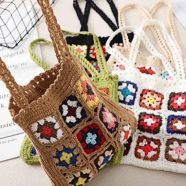 

bohemain crochet women shoulder bags granny square tote casual knitted handbags handmade woven summer beach small purse 220705