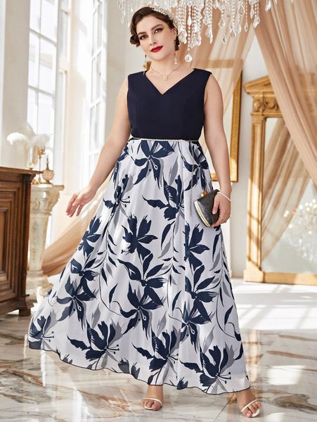 

plus floral print sleeveless belted maxi dress w96k#, Black