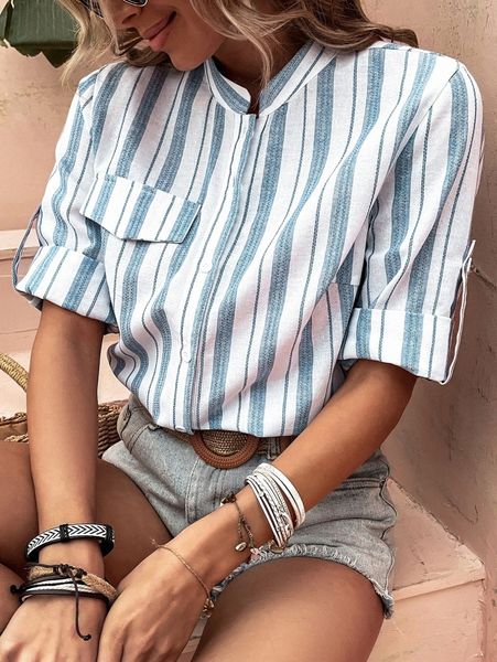 

striped button through roll tab sleeve flap detail blouse n8hz#, White