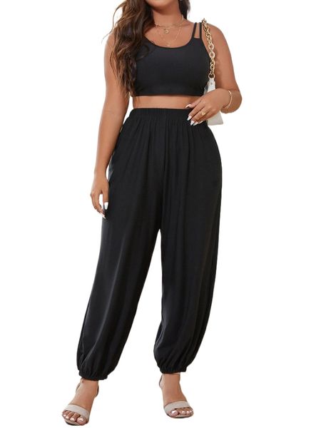

plus solid cami & sweatpants n3l1#, Black