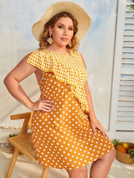 

plus gingham & polka dot ruffle trim dress u19z#, Black
